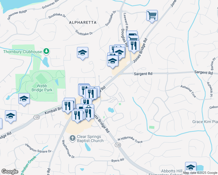 map of restaurants, bars, coffee shops, grocery stores, and more near 2114 Addison Lane in Johns Creek