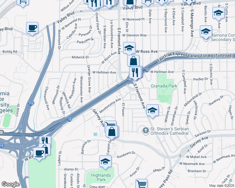 map of restaurants, bars, coffee shops, grocery stores, and more near 2611 Montezuma Avenue in Alhambra