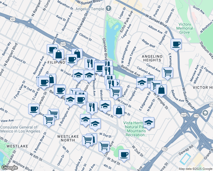 map of restaurants, bars, coffee shops, grocery stores, and more near 1612 Cortez Street in Los Angeles