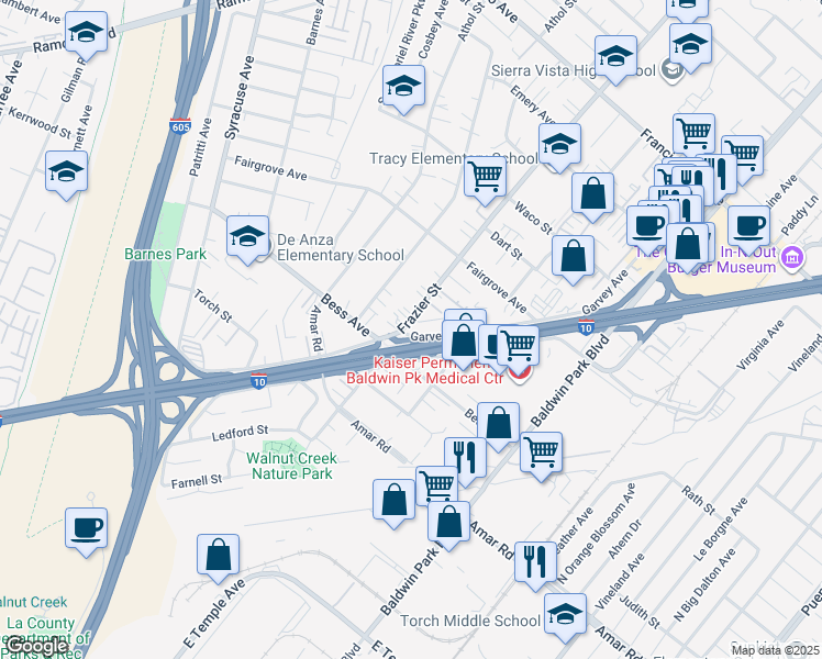 map of restaurants, bars, coffee shops, grocery stores, and more near 13021 Garvey Avenue in Baldwin Park
