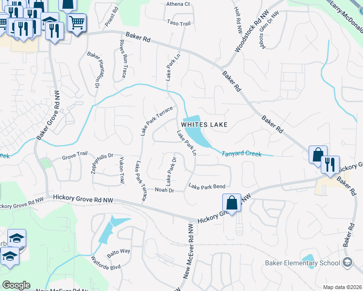 map of restaurants, bars, coffee shops, grocery stores, and more near 2744 Lake Park Ridge West in Acworth