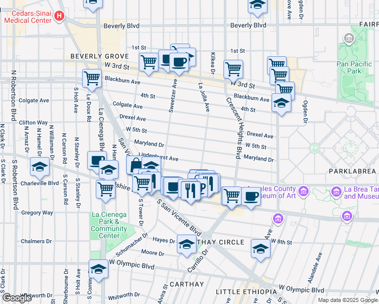 map of restaurants, bars, coffee shops, grocery stores, and more near 6430 Maryland Drive in Los Angeles