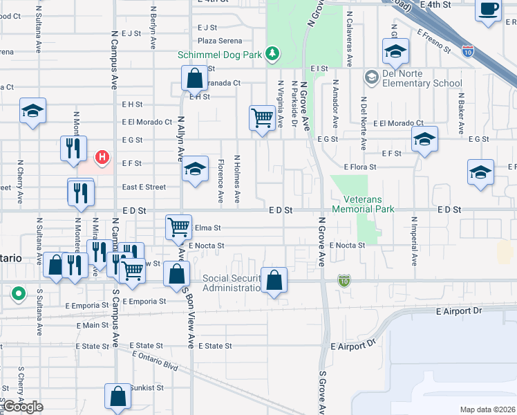 map of restaurants, bars, coffee shops, grocery stores, and more near 2 East D Street in Ontario