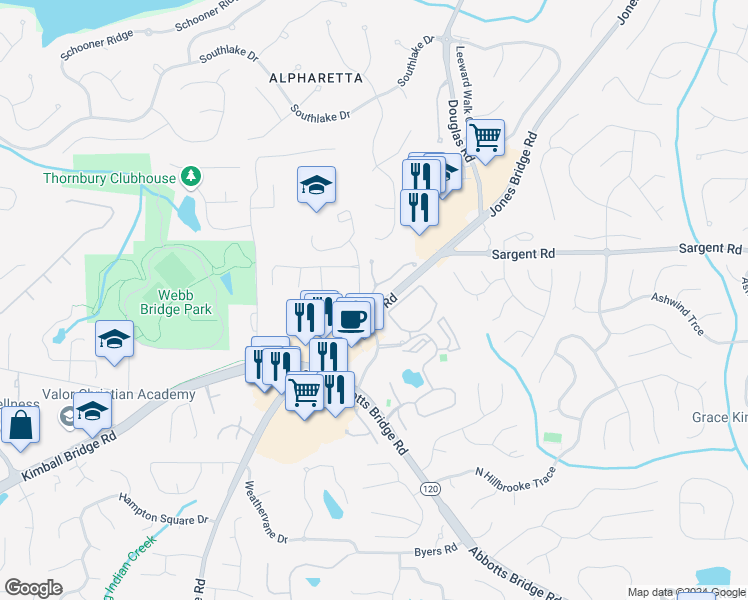 map of restaurants, bars, coffee shops, grocery stores, and more near 5123 Wellsley Bend in Alpharetta