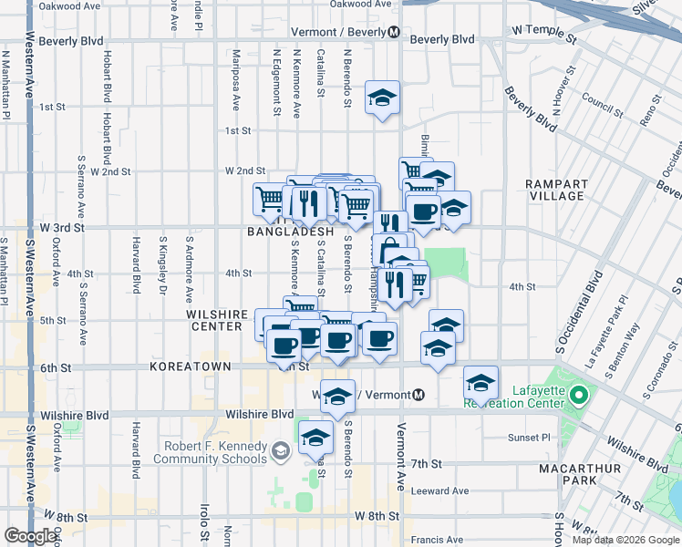 map of restaurants, bars, coffee shops, grocery stores, and more near 401 South Berendo Street in Los Angeles
