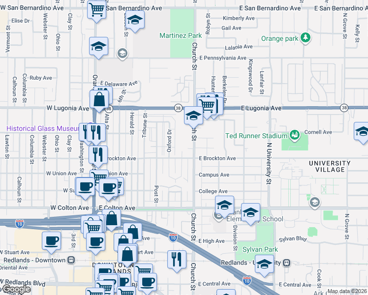 map of restaurants, bars, coffee shops, grocery stores, and more near 1103 Church Street in Redlands
