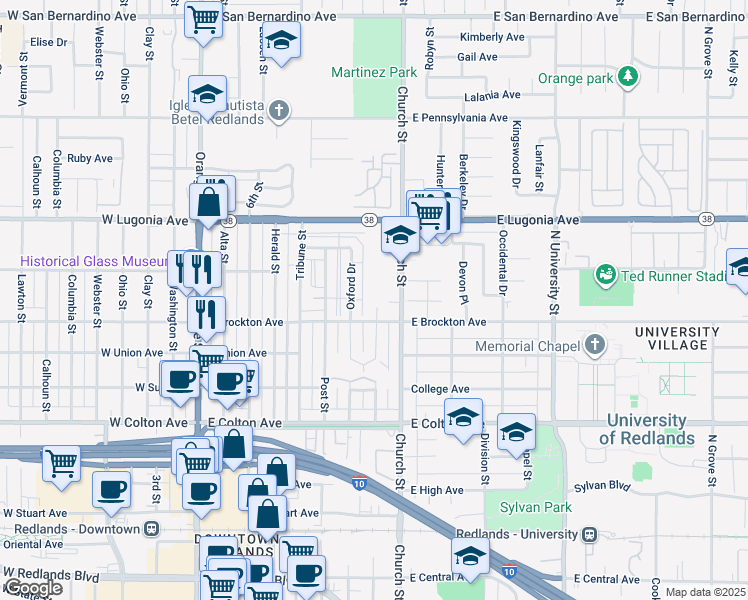map of restaurants, bars, coffee shops, grocery stores, and more near 611 East Brockton Avenue in Redlands