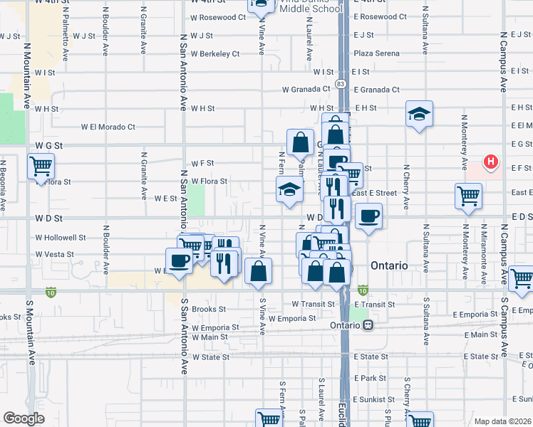 map of restaurants, bars, coffee shops, grocery stores, and more near 310 North Vine Avenue in Ontario