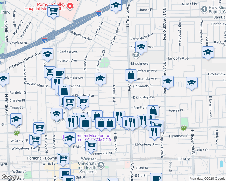 map of restaurants, bars, coffee shops, grocery stores, and more near 903 North Eleanor Street in Pomona