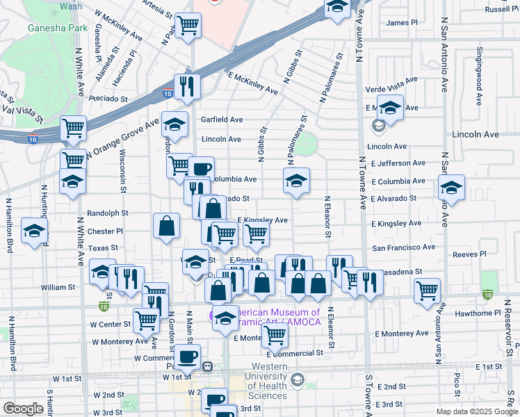 map of restaurants, bars, coffee shops, grocery stores, and more near 290 East Kingsley Avenue in Pomona