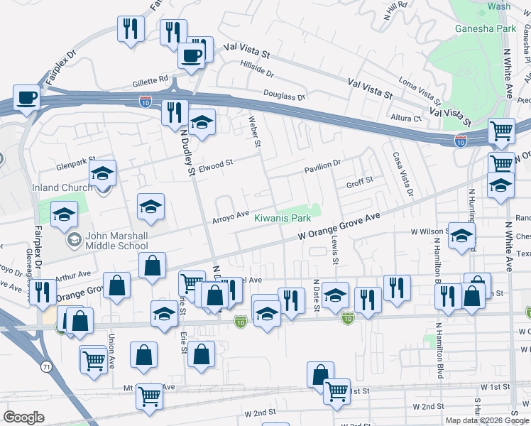 map of restaurants, bars, coffee shops, grocery stores, and more near 1333-1345 Ashport Street in Pomona