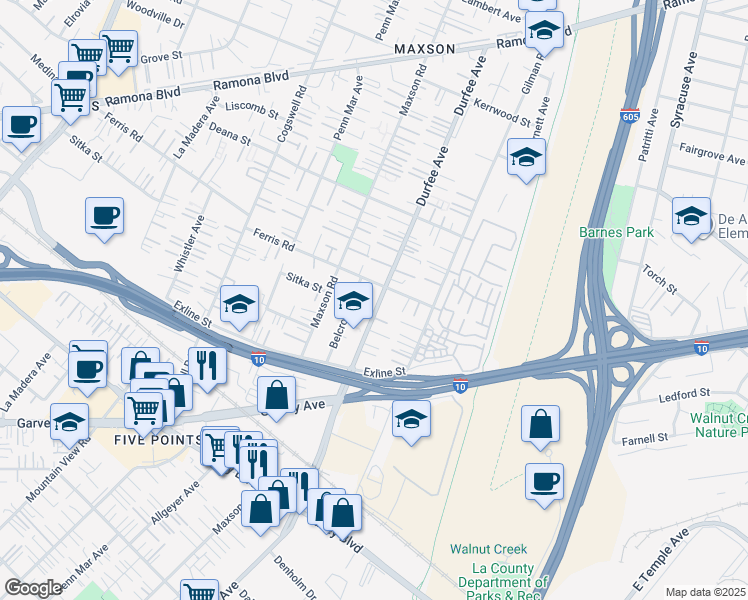map of restaurants, bars, coffee shops, grocery stores, and more near 3524 Durfee Avenue in El Monte