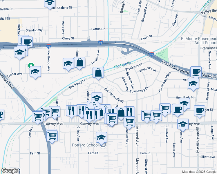 map of restaurants, bars, coffee shops, grocery stores, and more near 3151 Potrero Avenue in El Monte