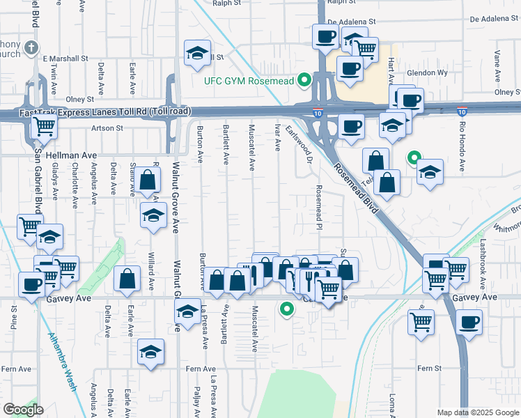 map of restaurants, bars, coffee shops, grocery stores, and more near 3204 Muscatel Avenue in Rosemead
