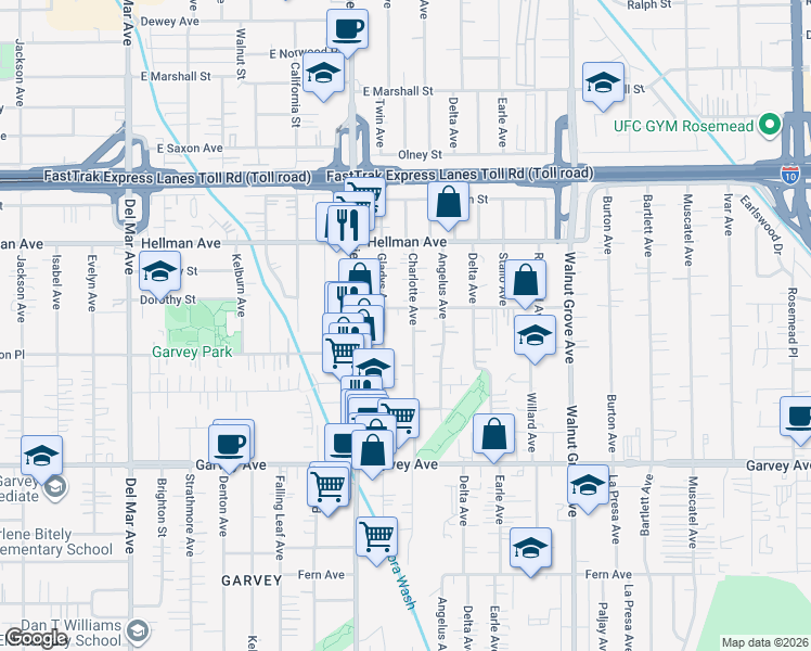 map of restaurants, bars, coffee shops, grocery stores, and more near 3206 Gladys Avenue in Rosemead