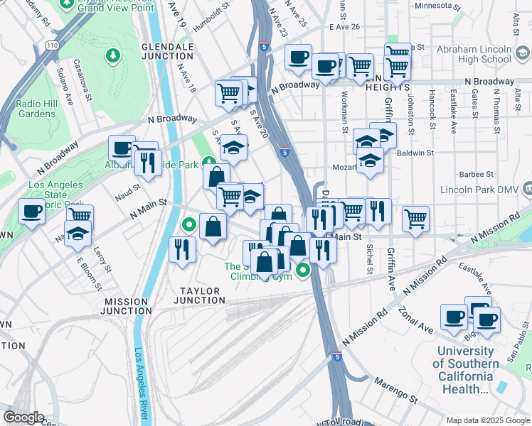 map of restaurants, bars, coffee shops, grocery stores, and more near in Los Angeles