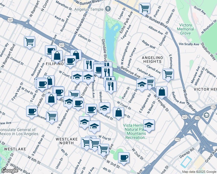 map of restaurants, bars, coffee shops, grocery stores, and more near 1548 West Court Street in Los Angeles