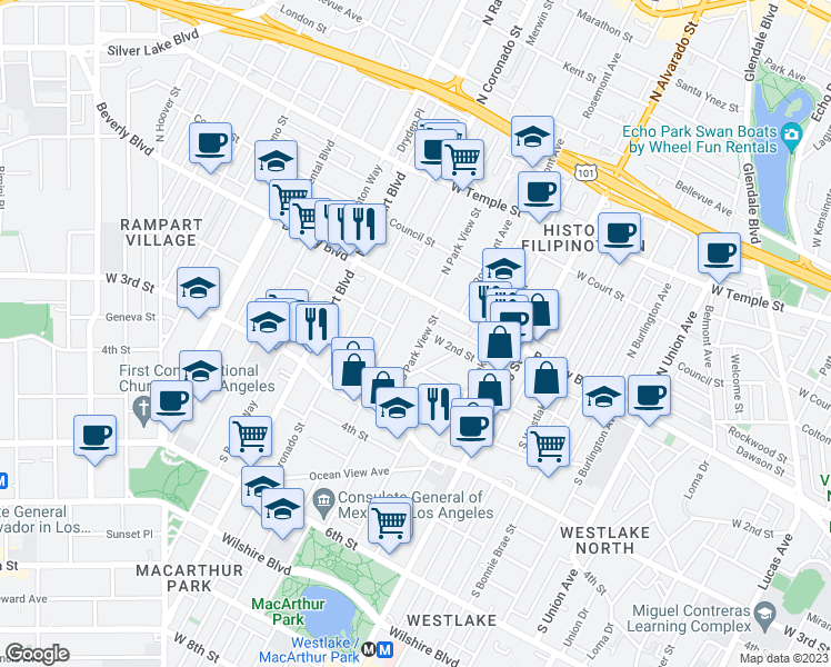 map of restaurants, bars, coffee shops, grocery stores, and more near 227 South Park View Street in Los Angeles