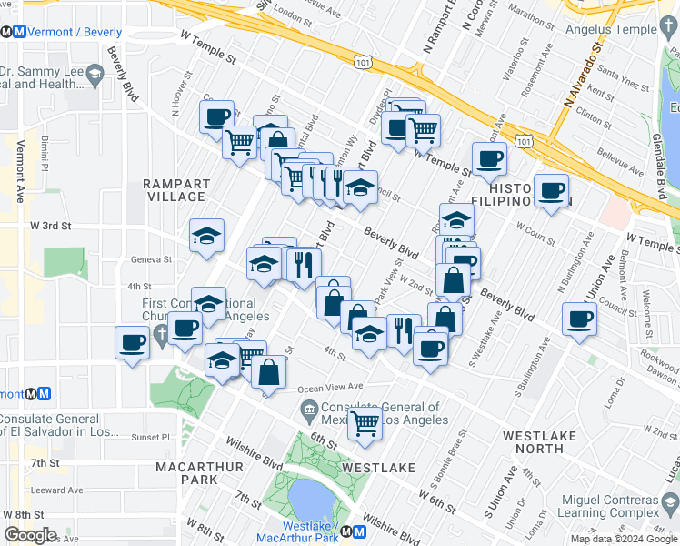 map of restaurants, bars, coffee shops, grocery stores, and more near 243 South Carondelet Street in Los Angeles