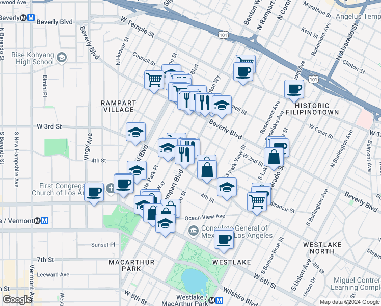 map of restaurants, bars, coffee shops, grocery stores, and more near 269 South Coronado Street in Los Angeles