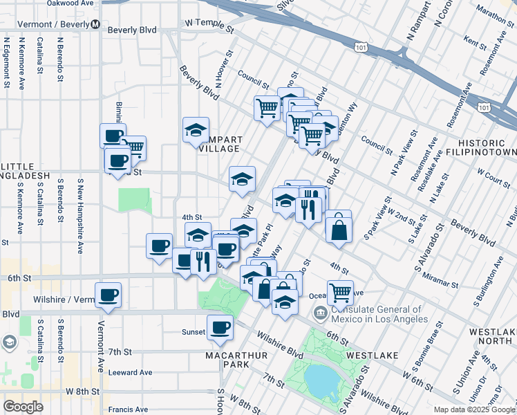 map of restaurants, bars, coffee shops, grocery stores, and more near 336 South Occidental Boulevard in Los Angeles