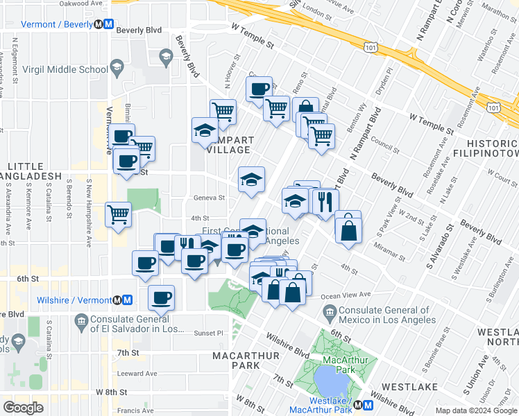map of restaurants, bars, coffee shops, grocery stores, and more near 336 South Occidental Boulevard in Los Angeles