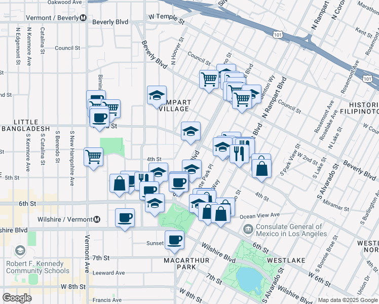 map of restaurants, bars, coffee shops, grocery stores, and more near 336 South Occidental Boulevard in Los Angeles