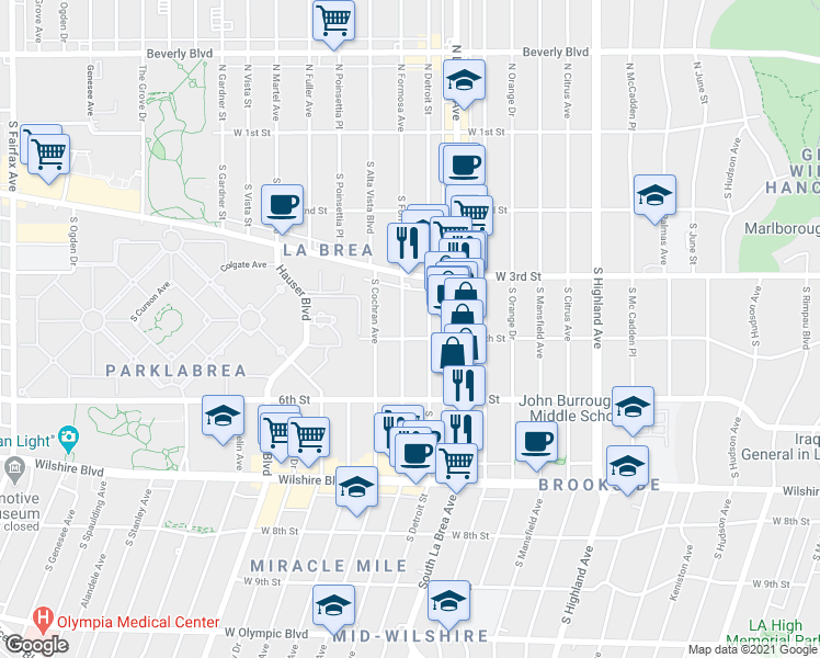 map of restaurants, bars, coffee shops, grocery stores, and more near 415 South Detroit Street in Los Angeles