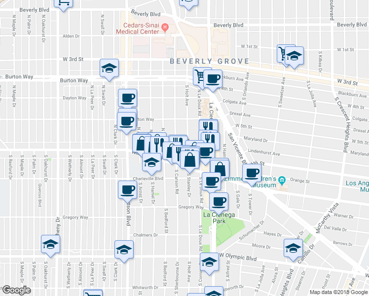 map of restaurants, bars, coffee shops, grocery stores, and more near 127 North Stanley Drive in Beverly Hills