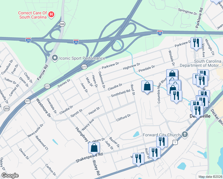 map of restaurants, bars, coffee shops, grocery stores, and more near 7211 Smithfield Road in Columbia