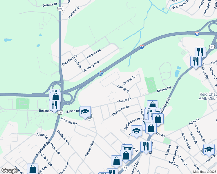 map of restaurants, bars, coffee shops, grocery stores, and more near 67 Sal Sue Court in Columbia
