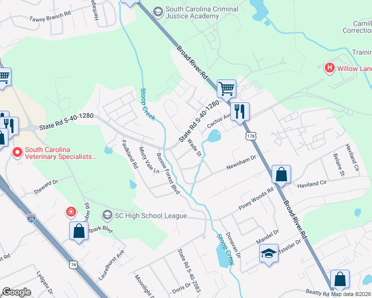 map of restaurants, bars, coffee shops, grocery stores, and more near 4605 Wade Street in Columbia