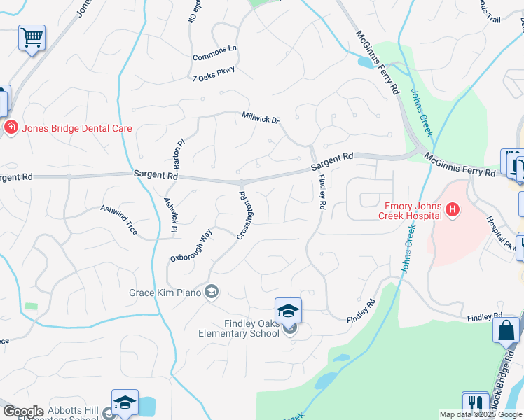 map of restaurants, bars, coffee shops, grocery stores, and more near 320 Leatherman Court in Alpharetta