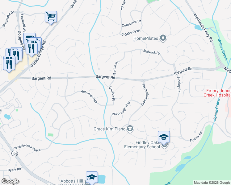 map of restaurants, bars, coffee shops, grocery stores, and more near 11760 Ashwick Place in Alpharetta