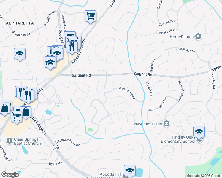 map of restaurants, bars, coffee shops, grocery stores, and more near 5475 Ashwind Trce in Alpharetta