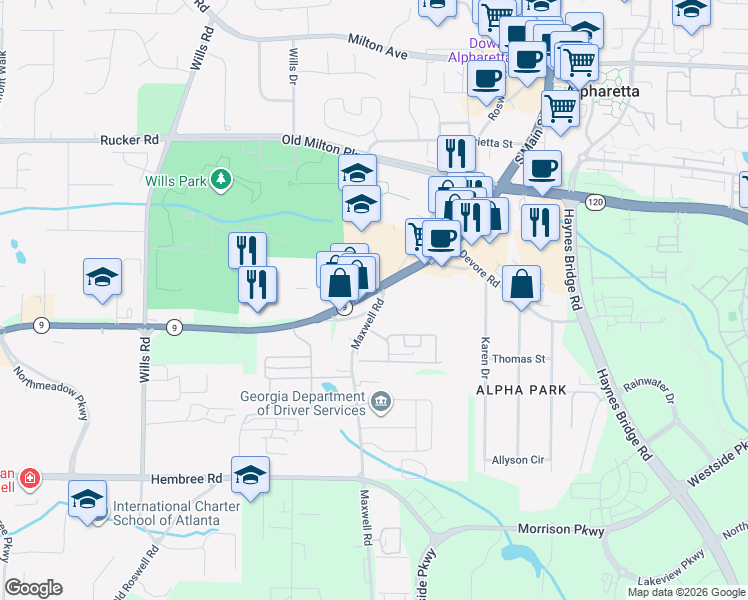 map of restaurants, bars, coffee shops, grocery stores, and more near 1825 Kilmington Court in Alpharetta