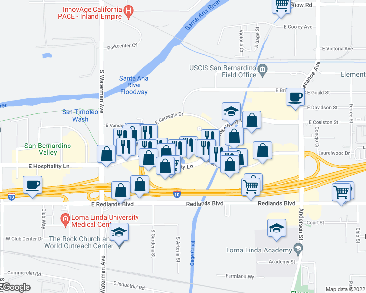 map of restaurants, bars, coffee shops, grocery stores, and more near 650 East Hospitality Lane in San Bernardino
