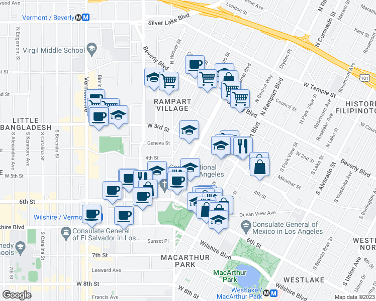 map of restaurants, bars, coffee shops, grocery stores, and more near 321 South Occidental Boulevard in Los Angeles