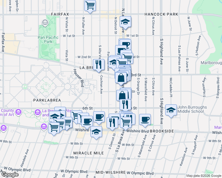 map of restaurants, bars, coffee shops, grocery stores, and more near 415 South Detroit Street in Los Angeles