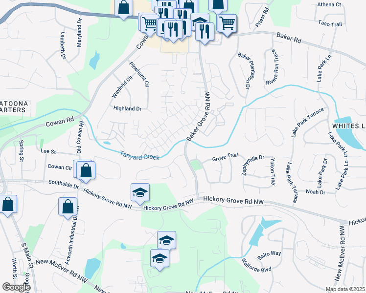 map of restaurants, bars, coffee shops, grocery stores, and more near 4537 Baker Grove Road in Acworth