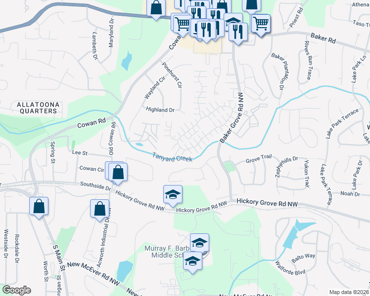 map of restaurants, bars, coffee shops, grocery stores, and more near 461 Windcroft Cir NW in Acworth