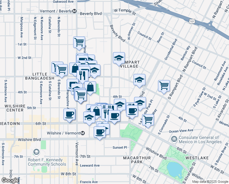 map of restaurants, bars, coffee shops, grocery stores, and more near 414 South Virgil Avenue in Los Angeles