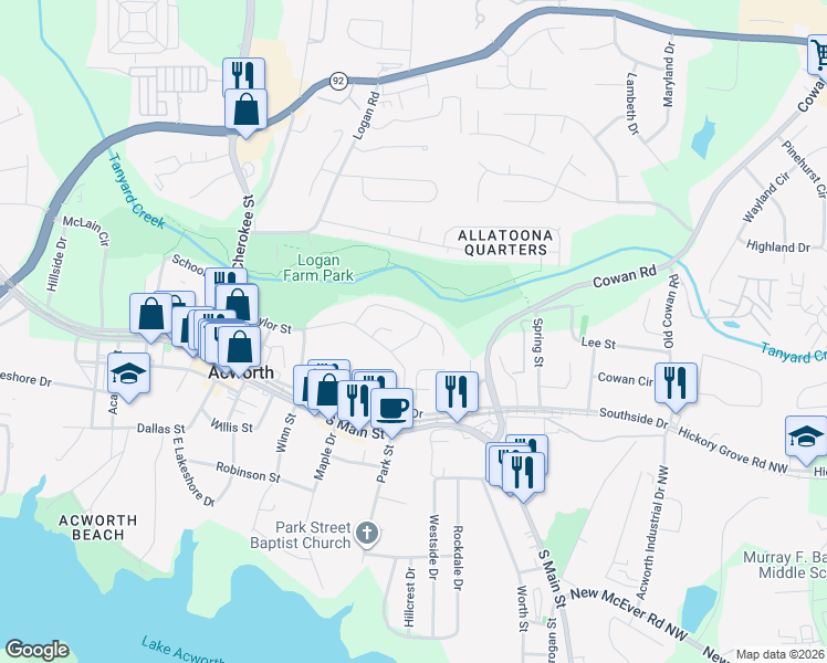 map of restaurants, bars, coffee shops, grocery stores, and more near 4383 Overlook Drive in Acworth