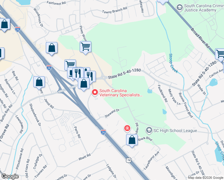 map of restaurants, bars, coffee shops, grocery stores, and more near 3 Mi E Of Highway I-26 Highway in Columbia