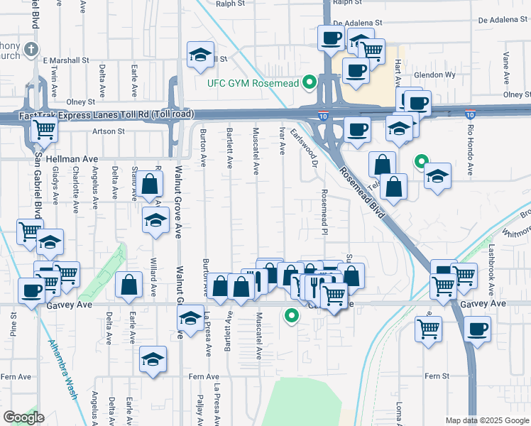 map of restaurants, bars, coffee shops, grocery stores, and more near 3204 Muscatel Avenue in Rosemead