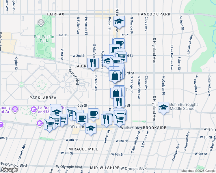 map of restaurants, bars, coffee shops, grocery stores, and more near 357 1/2 South Detroit Street in Los Angeles