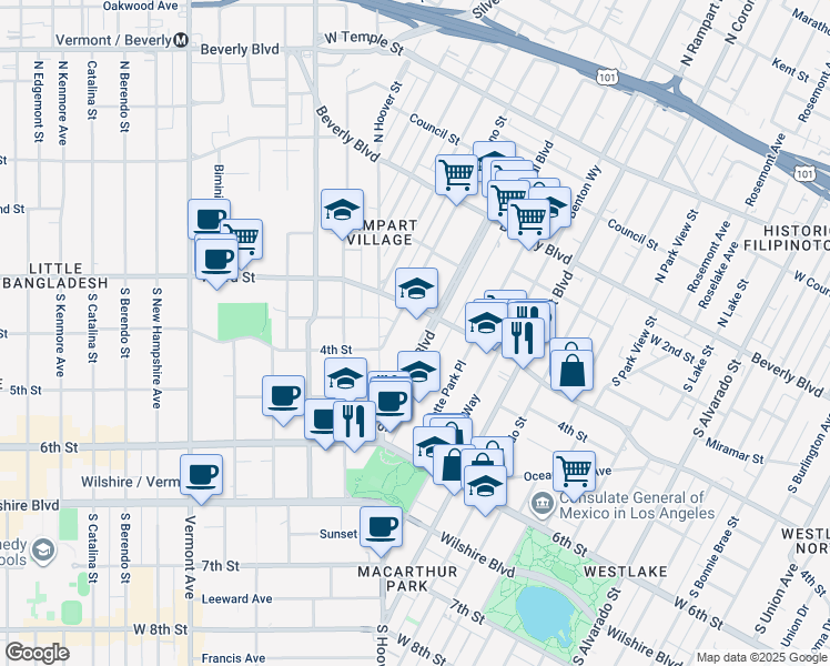 map of restaurants, bars, coffee shops, grocery stores, and more near 321 South Occidental Boulevard in Los Angeles