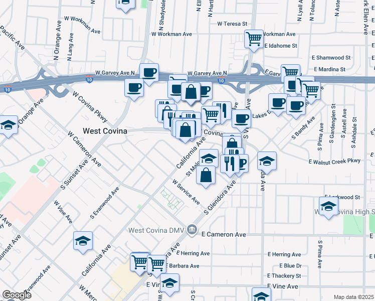 map of restaurants, bars, coffee shops, grocery stores, and more near 555 South California Avenue in West Covina
