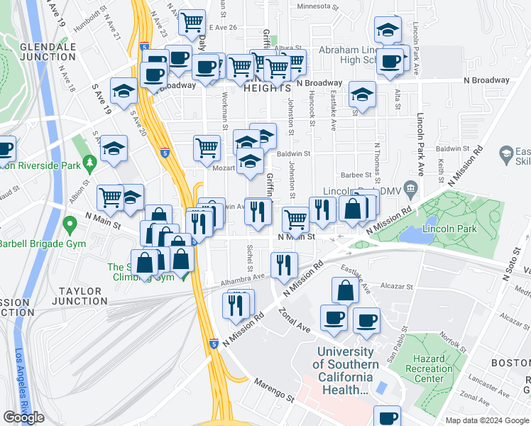map of restaurants, bars, coffee shops, grocery stores, and more near 1941 Griffin Avenue in Los Angeles