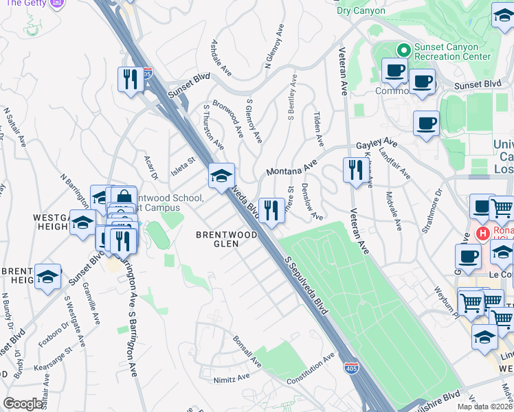 map of restaurants, bars, coffee shops, grocery stores, and more near 11284 Montana Avenue in Los Angeles